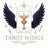 Tarot Wings Logo Navy wings with ace of cups tarot card